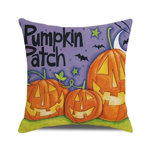 Halloween decorative pillow case with orange pumpkins and bats on purple background