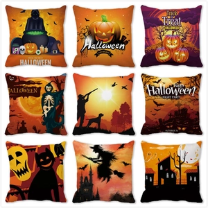 Halloween Decorative Pillow Case Peach Skin Velvet Pumpkin Ghost Haunted House Print Square Cushion Cover Festive Home Sofa Decor