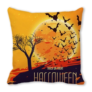 Halloween pumpkin peach skin pillow case featuring bats, trees, and Trick or Treat text