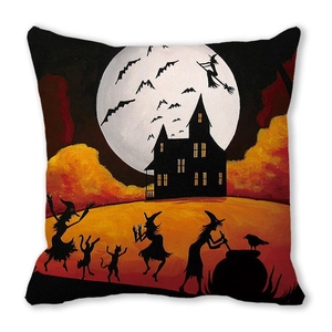 Halloween pillowcase featuring moon, castle, witch and black cat on peach skin fabric