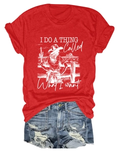 Detail view of red cotton t-shirt with Western cowgirl graphic and slogan print