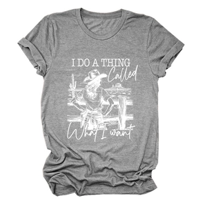 Close-up of cotton gray T-shirt showing detailed Western-style print and soft fabric texture