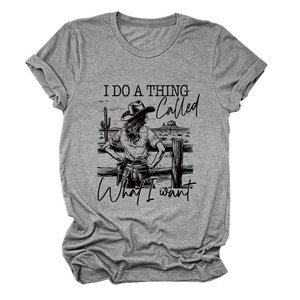 Detail view of heather grey T-shirt featuring vintage western print and slogan text