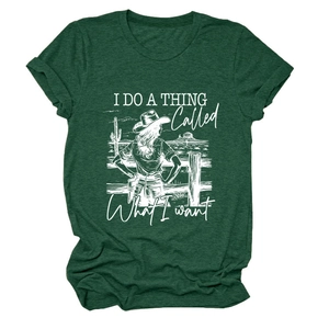 Detailed flat lay of dark green T-shirt with vintage Western graphic and white text print