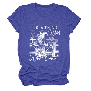 Detail of blue cotton t-shirt with I DO A THING white screen print design
