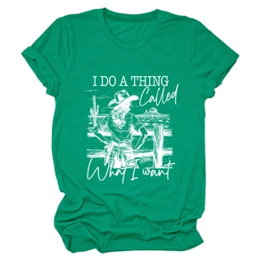 Macro detail of emerald green crew neck T-shirt with white vintage western cowgirl print