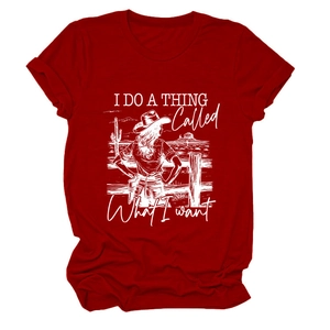 Women's dark red T-shirt with vintage Western-style graphic print and desert scenery