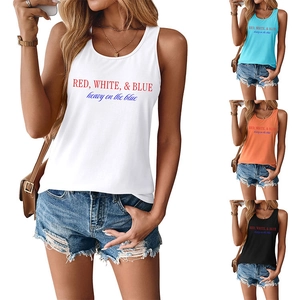 Detail of summer ribbed tank tops in white, blue, and red with vintage graphic text
