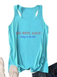 Detail of light blue sleeveless tank top with Red White and Blue heavy slogan design
