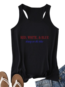 Flat lay of a black racerback tank top featuring Red White & Blue heavy on the blue text