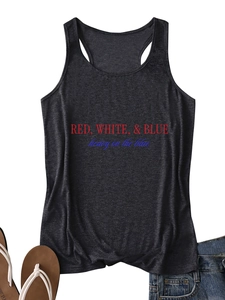 Detail of dark grey racerback tank top with red, white, and blue printed graphic lettering