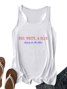 Detail of white cotton tank top with Red White & Blue heavy text graphic print