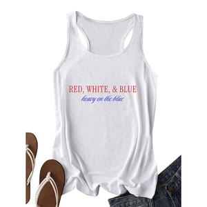 White tank top for women with red and blue lettering paired with denim jeans