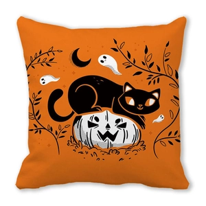 Detail of Halloween pillowcase featuring black cat, pumpkin, and ghost illustrations