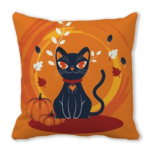 Detail of Halloween pillowcase with cartoon black cat, pumpkin, and autumn leaf graphics