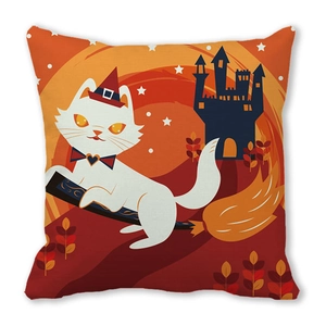 Detail of cartoon white cat riding broom on Halloween cushion cover with festive castle