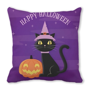 Detail of Happy Halloween pillow case showing black cat and pumpkin with star motifs