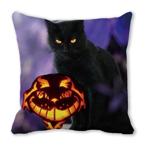 Detailed close-up of Halloween cushion featuring cartoon black cat and glowing pumpkin lamp
