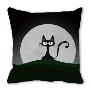 Close-up of peach skin texture showing a cartoon black cat and moon on a pillowcase