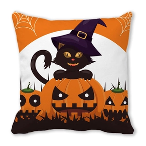 Close-up of Halloween peach skin pillowcase featuring a black cat on a pumpkin