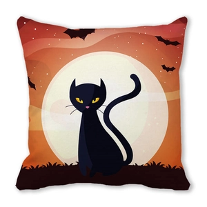 Detail of cartoon black cat and pumpkin silhouette on Halloween peach skin pillowcase