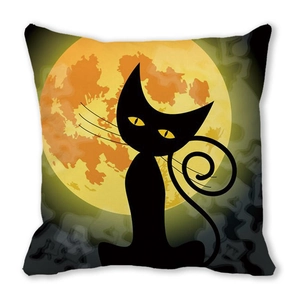 Halloween decorative throw pillow case with cartoon black cat and orange moon illustration
