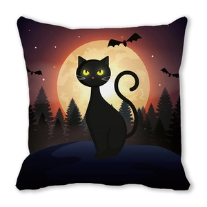 Halloween throw pillow cover featuring black cat, orange moon, and flying bats design