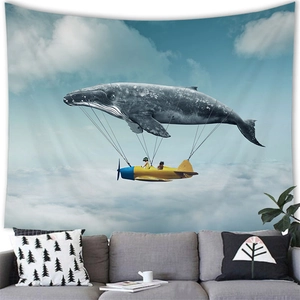 Tapiz de ballena celestial de fantasía con avión para decoración de sala de estar