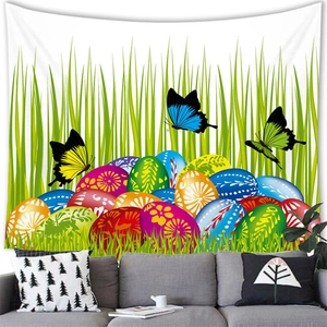 Detail of Easter wall tapestry featuring colorful eggs and butterflies on a white wall