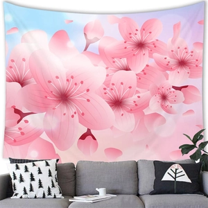 Close-up of pink cherry blossom tapestry with soft floral pattern for wall decoration