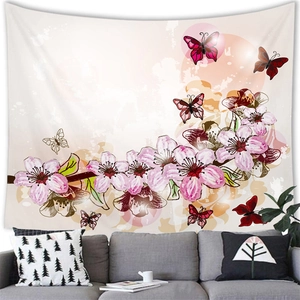 Detailed texture of wall tapestry featuring pink cherry blossoms and butterflies decor