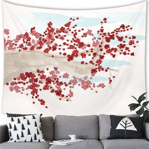 Close-up of pink cherry blossom tapestry with Chinese ink style hanging in a living room