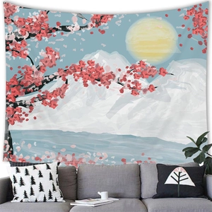 Japanese style cherry blossom and snow mountain wall tapestry for home decor