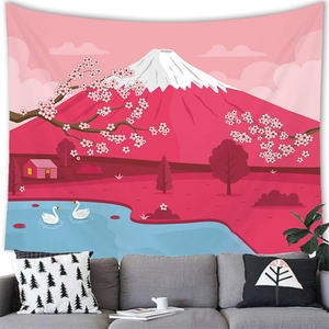 Detail of pink cherry blossom and Fuji mountain landscape wall tapestry in cozy living room