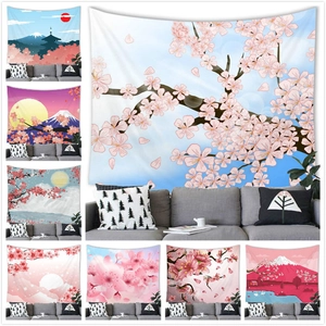 Japanese Sakura Fuji Mountain Tapestry Wall Hanging Pink Cherry Blossom Landscape Polyester Decorative Backdrop For Bedroom Living Room Home Decor