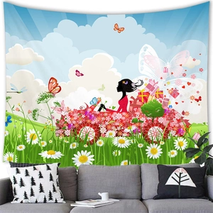 Cartoon girl driving a flower car tapestry hanging above a grey sofa in a modern room