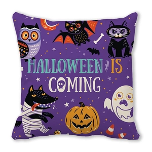 Halloween purple cushion cover with owl, pumpkin and 'Halloween is Coming' print