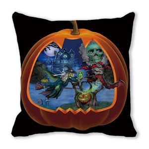 Halloween Kissenbezug mit Kürbis- und Hexenmotiv aus weichem Peach-Skin Material