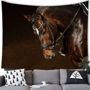 Detail of horse portrait wall tapestry showing fine leather harness and bridle textures
