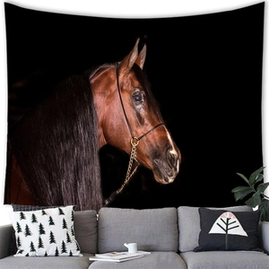 Detailed close-up of a realistic brown horse head tapestry hanging in a modern living room