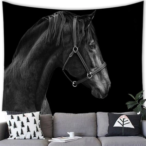Macro shot of horse portrait tapestry hung over a minimalist sofa in a modern grey living room