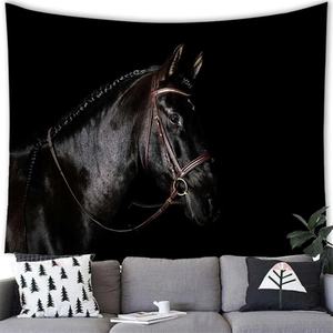 Detailed close-up of a realistic black horse head tapestry hung over a sofa for wall decor