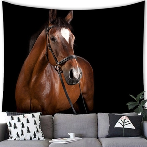 Realistic brown horse portrait wall tapestry hanging above a modern grey sofa