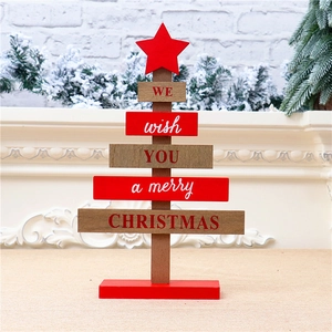 Wooden Christmas tree tabletop ornament with Merry Christmas text and red star base