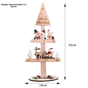 Detailed three-layer wooden Christmas tree desktop decor with Santa reindeer sled, 42cm height