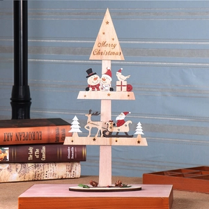Three-layer wooden Christmas tree decor with Santa, reindeer, and snowman carvings