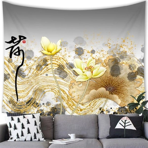 Modern Chinese style wall tapestry featuring yellow lotus flowers and ink wash art
