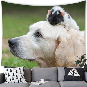 German Shepherd wall tapestry showing a cute golden dog and guinea pig in a cozy room