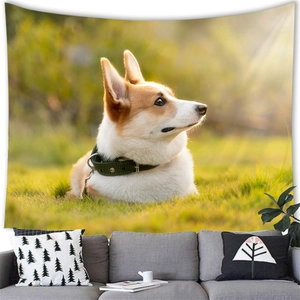 Detailed close-up of a Corgi tapestry hanging over a sofa in a bright living room