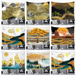 Chinese Ink Wash Landscape Tapestry Polyester Wall Hanging Gold Mountain Deer Abstract Art Decor For Home Living Room